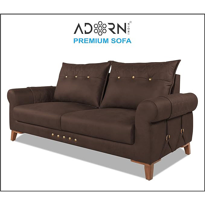Adorn India Premium Jarvis 3 Seater Sofa (Leatherette Suede Fabric Color Brown)