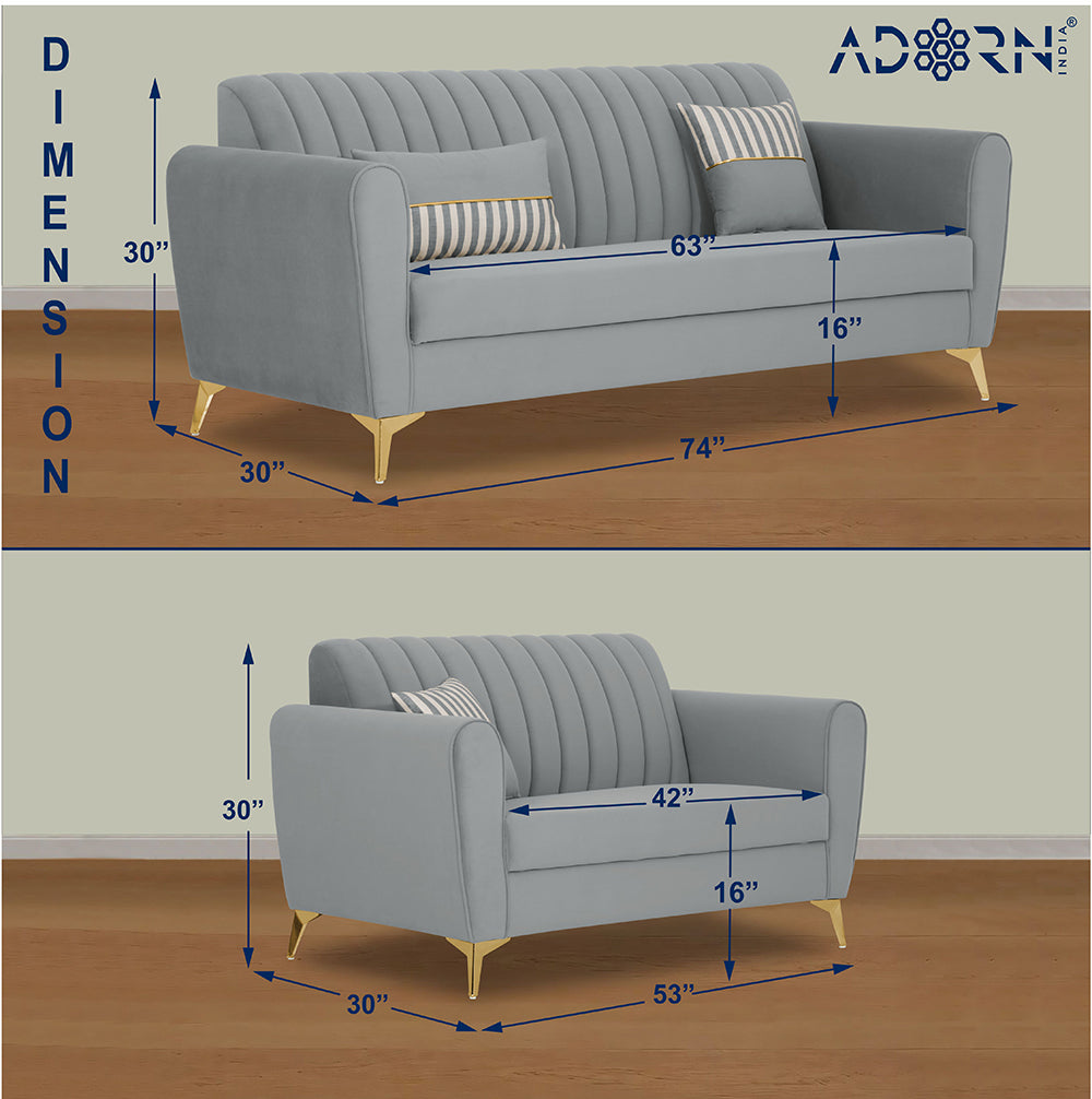 Adorn India Premium Luster 3+2 Sofa Set | Velvet Suede Fabric | 3-Year Warranty | Color Grey with Golden Legs & Striped Pattern Cushion