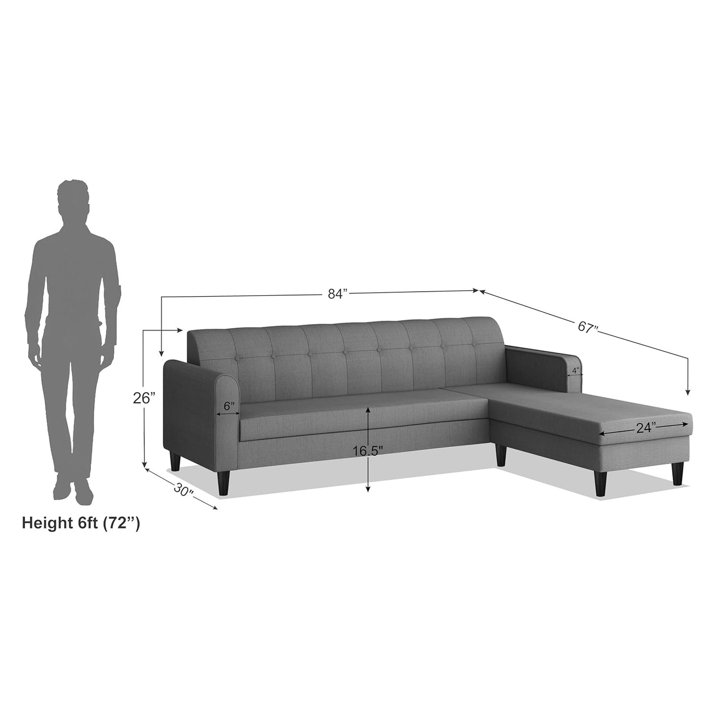 Adorn India Rio Elegant L Shape 5 Seater Sofa Set (RHS) (Grey) (3 Year Warranty)