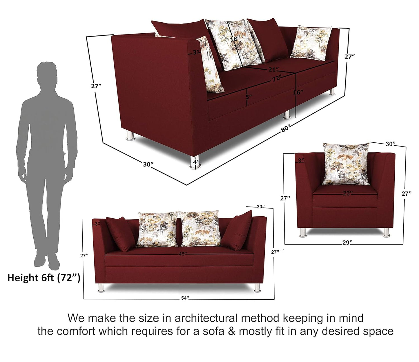 Adorn India Alica 3+2+1 Six Seater Sofa Set (Maroon)