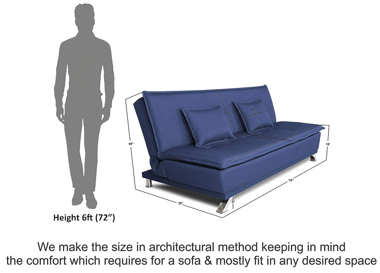 Adorn India Arden 4 Seater Plain Sofa Cum Bed 4 X 6 (Blue) (3 Year Warranty)