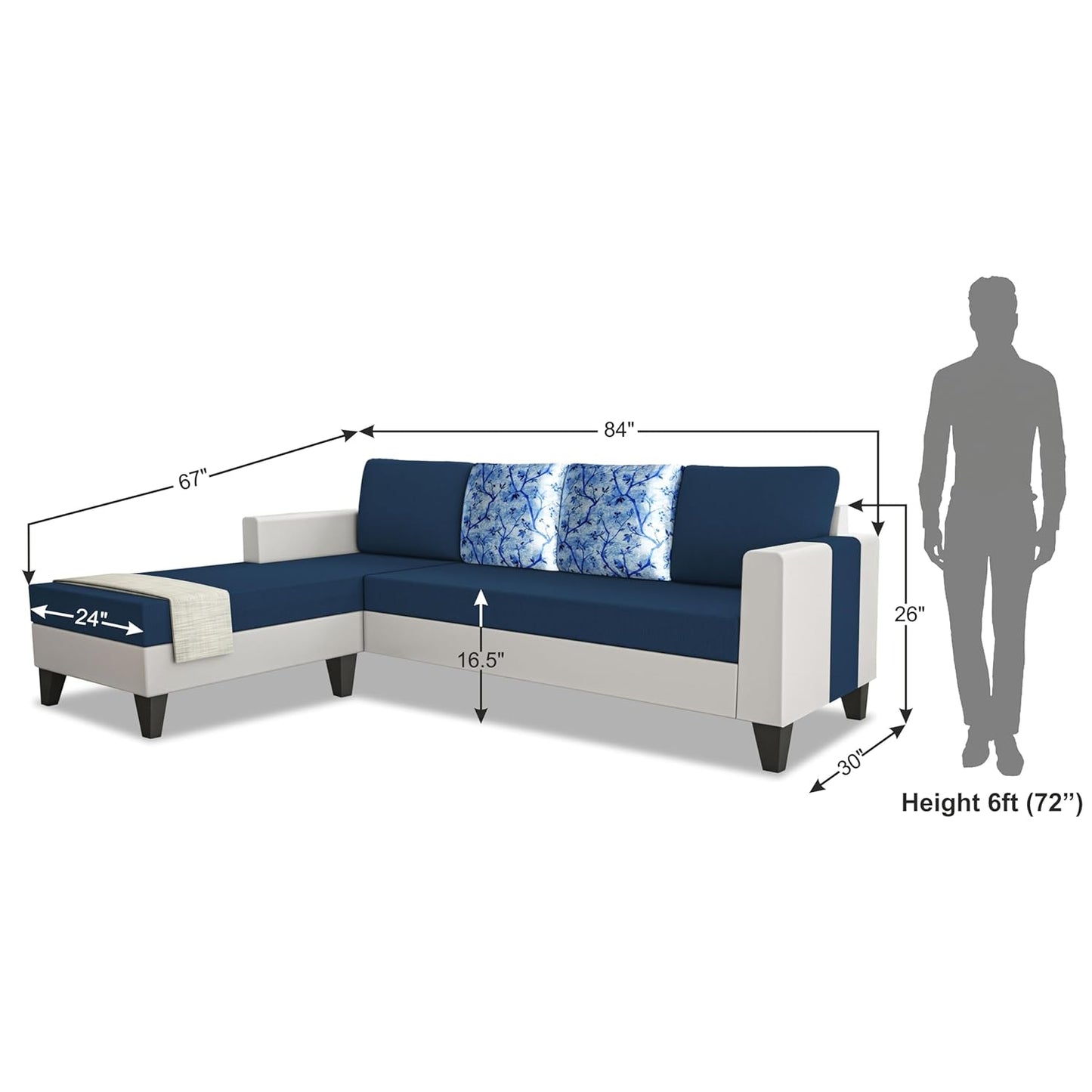 Adorn India Ashley Digital Print Leatherette Fabric L Shape 5 Seater Sofa Set LHS (Blue & White) (3 Year Warranty)