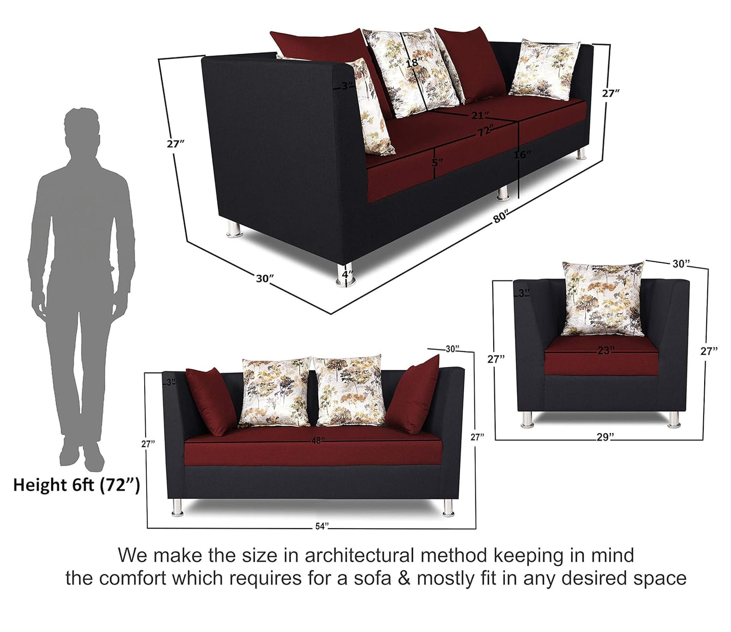 Adorn India Alica 3+2+1 Six Seater Sofa Set (Maroon & Black)