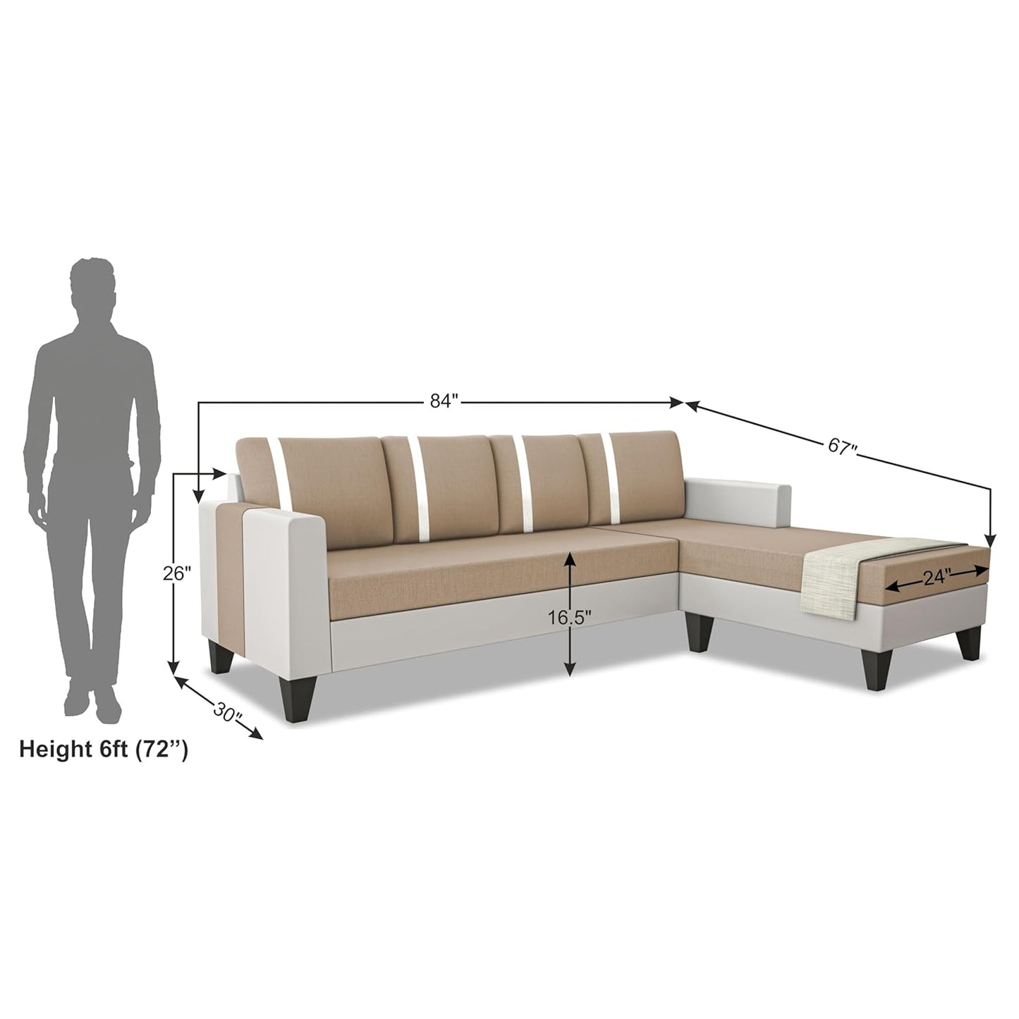 Adorn India Ashley Stripes Leatherette Fabric L Shape 5 Seater Sofa Set RHS (Beige & White) (3 Year Warranty)