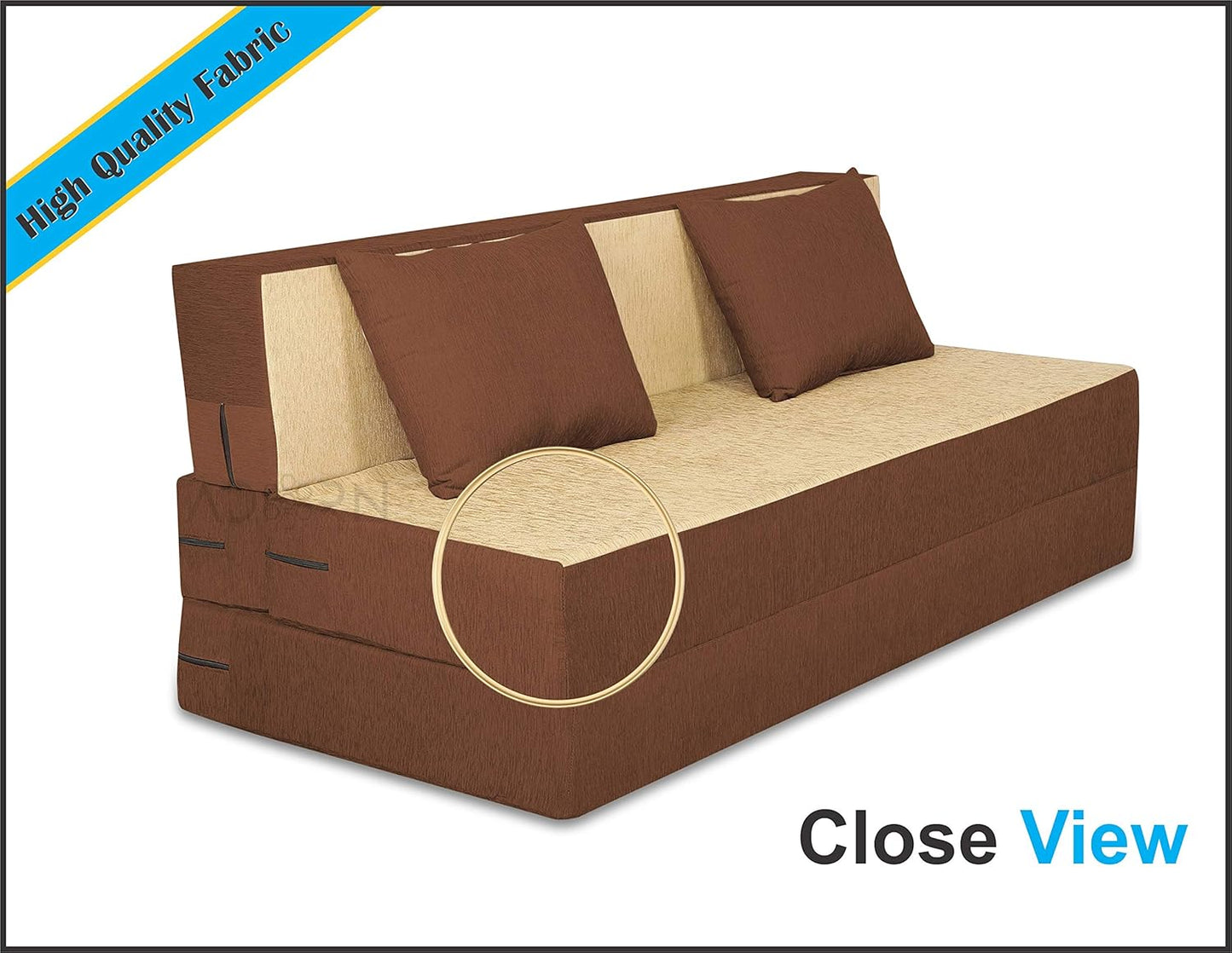 Adorn India Easy 4 Seater Sofa Cum Bed (2 Years Warrenty Quality Foam)-Perfect for Seat & Sleep Washeble Polyster Fabric Cover (Brown & Beige) 6'x6'.Pillows Free (1 Year Warranty)