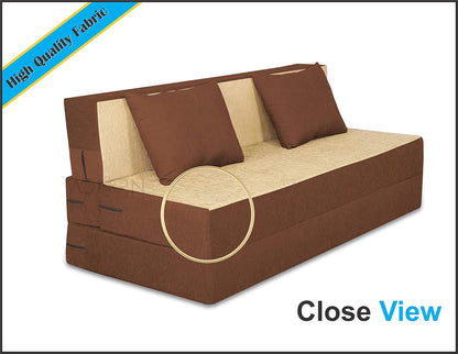 Adorn India Easy 4 Seater Sofa Cum Bed (2 Years Warrenty Quality Foam)-Perfect for Seat & Sleep Washeble Polyster Fabric Cover (Brown & Beige) 6'x6'.Pillows Free (1 Year Warranty)
