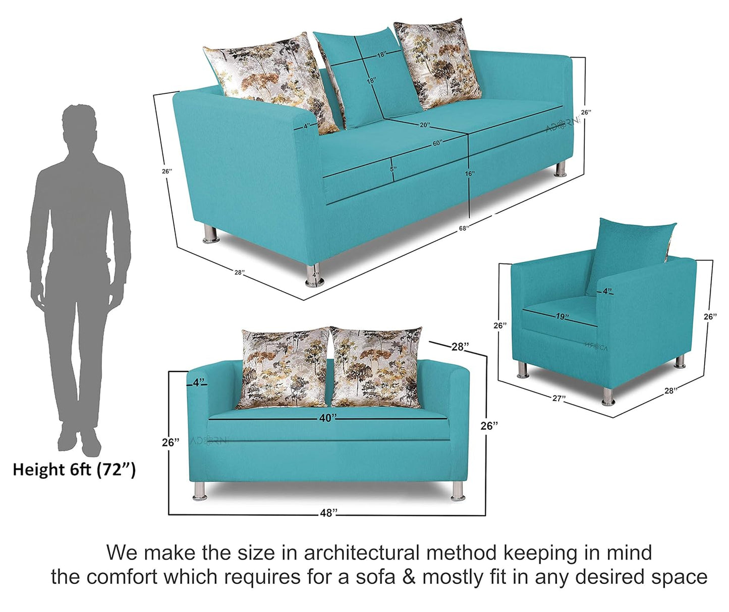 Adorn India Alita 3+2+1 Compact 6 Seater Sofa Set (Aqua Blue)