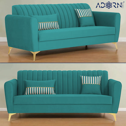Adorn India Premium Luster 3-2-1 Sofa Set | Velvet Suede Fabric | 3-Year Warranty | Color Aqua Blue with Golden Legs & Striped Pattern Cushion