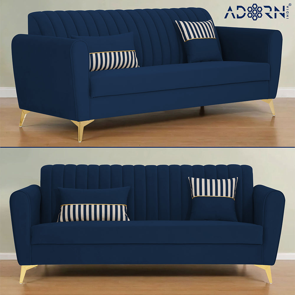 Adorn India Premium Luster 3-2-1 Sofa Set | Velvet Suede Fabric | 3-Year Warranty | Color Blue with Golden Legs & Striped Pattern Cushion