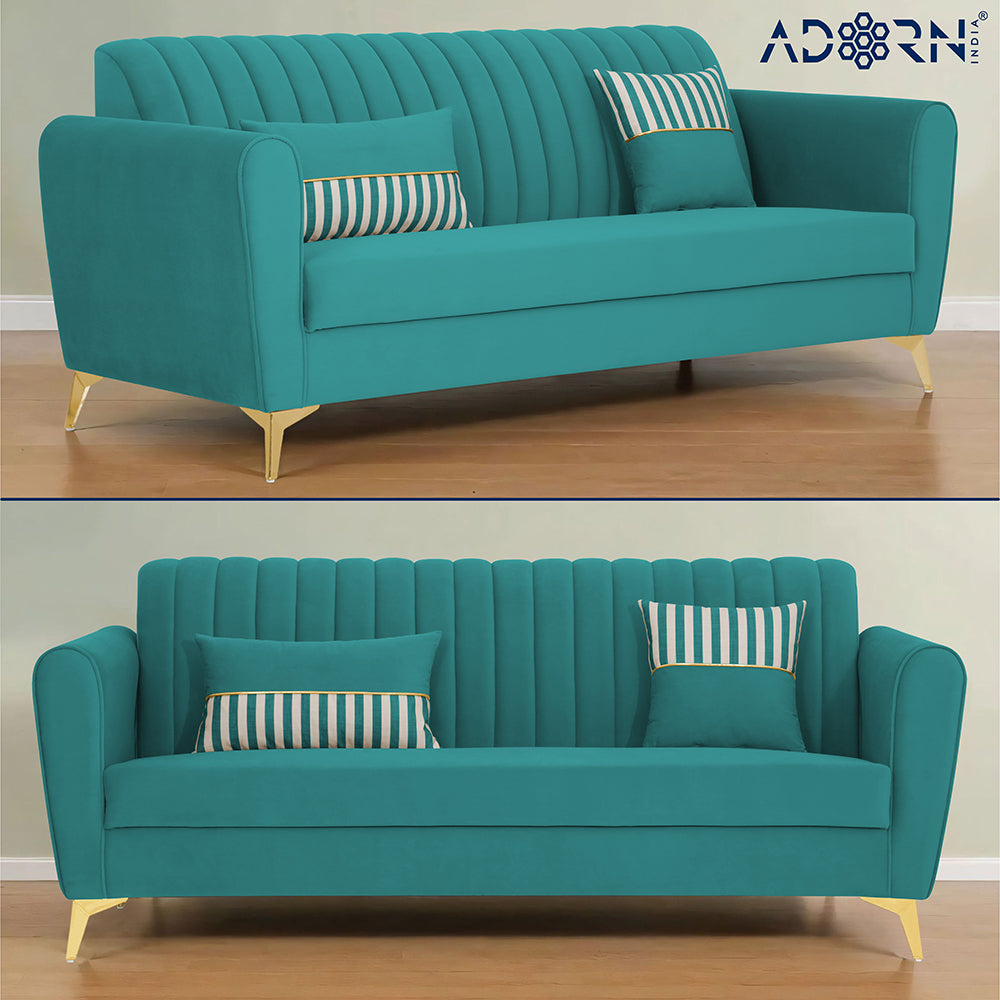 Adorn India Premium Luster 3 Seater | Velvet Suede Fabric | 3-Year Warranty | Color Aqua Blue with Golden Legs & Striped Pattern Cushion
