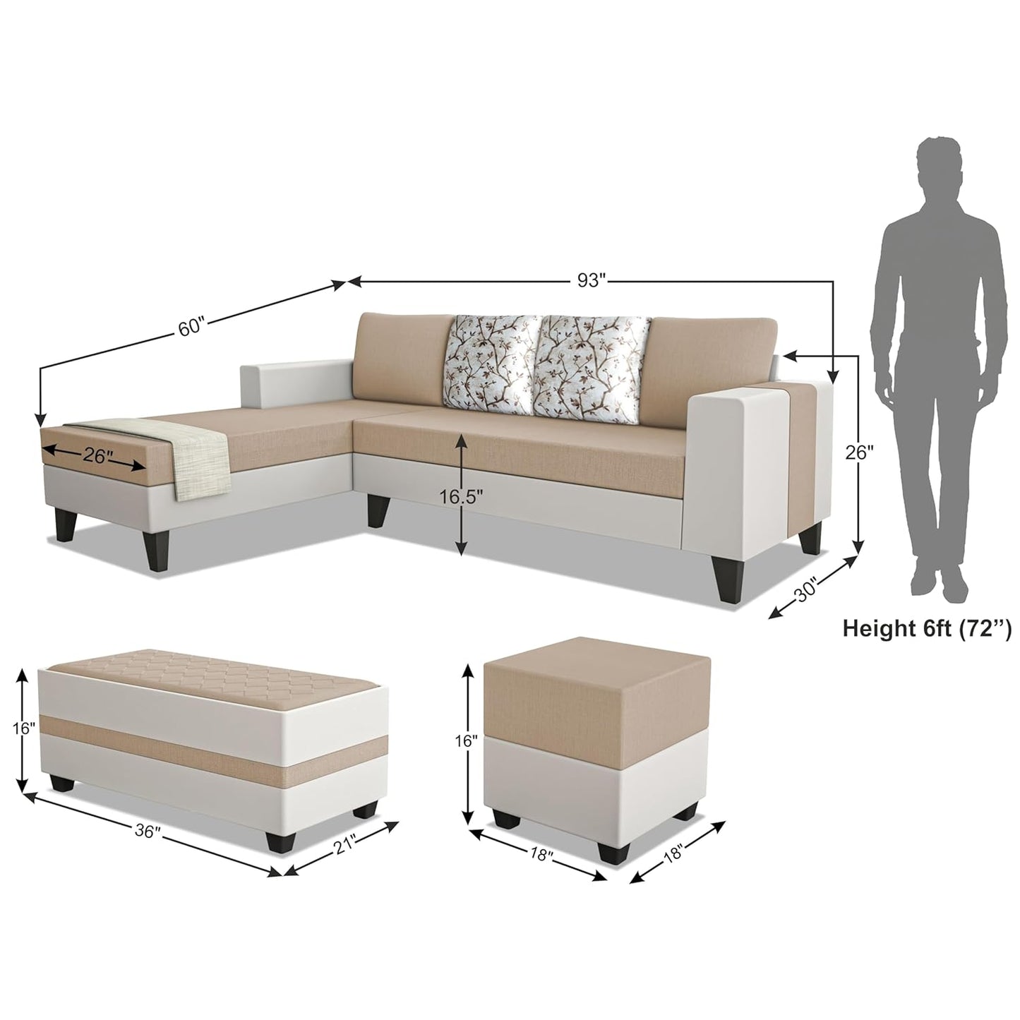 Adorn India Ashley Digitel Print Leatherette Fabric L Shape 8 Seater Sofa Set with 2 Ottoman Puffy & Center Table LHS (Beige & White) (3 Year Warranty)