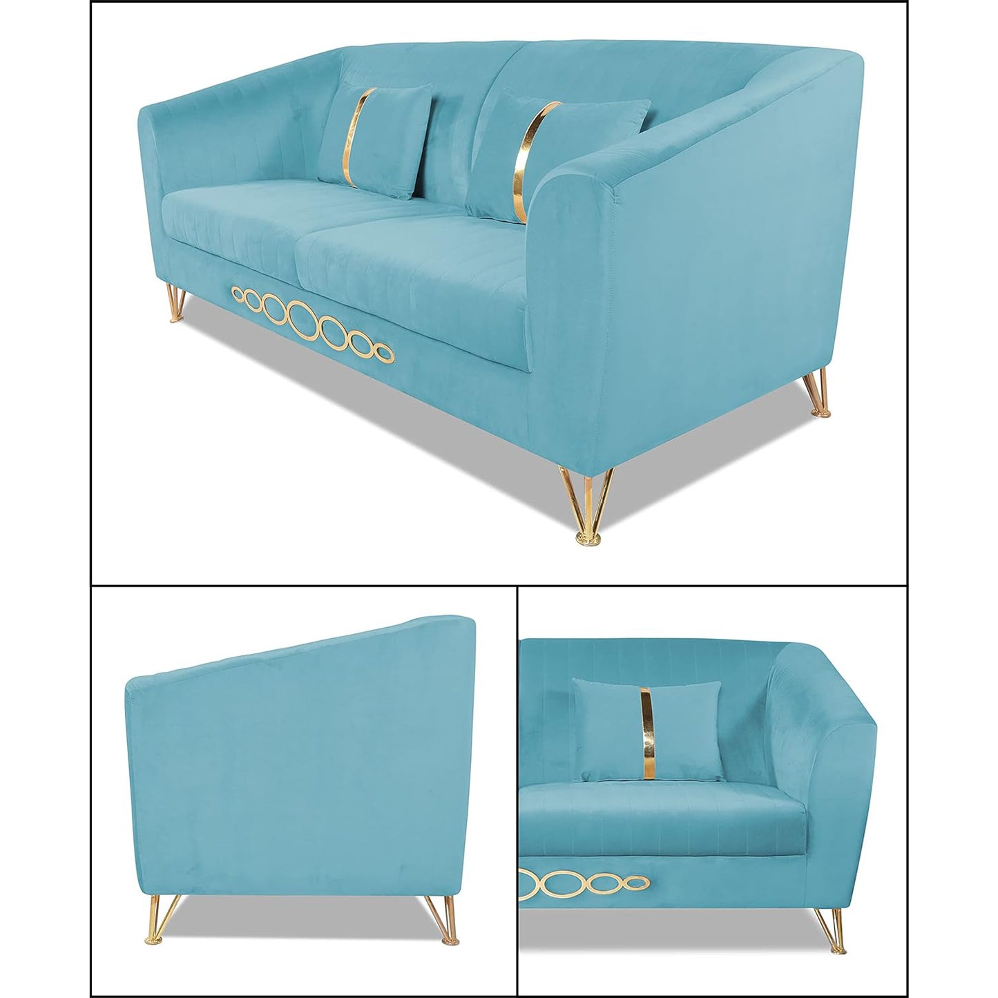 Adorn India Premium Camilla 3 Seater Sofa (Velvet Suede Fabric Colour Aqua Blue)