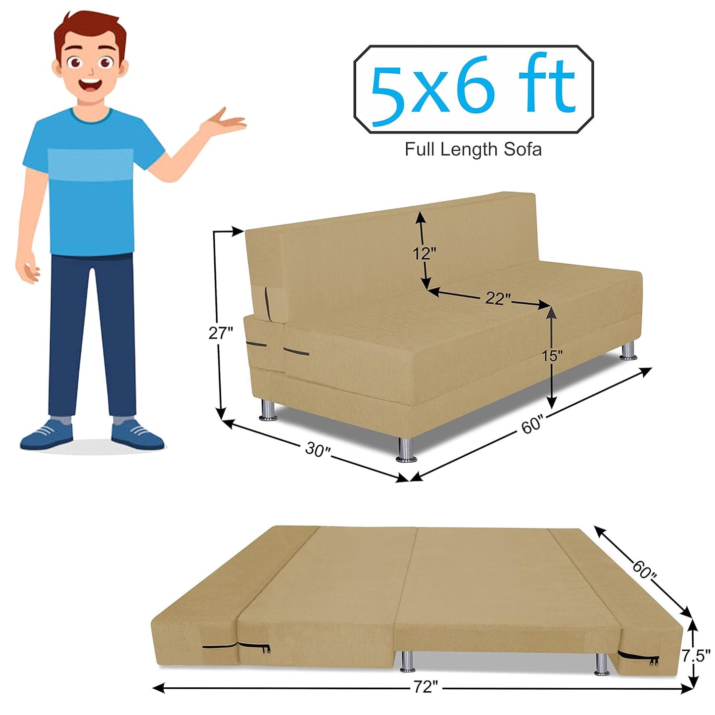 Adorn India Easy Alyn Plus Decent 3 Seater Wood Sofa Cum Bed (5X6)(Beige) (1 Year Warranty)