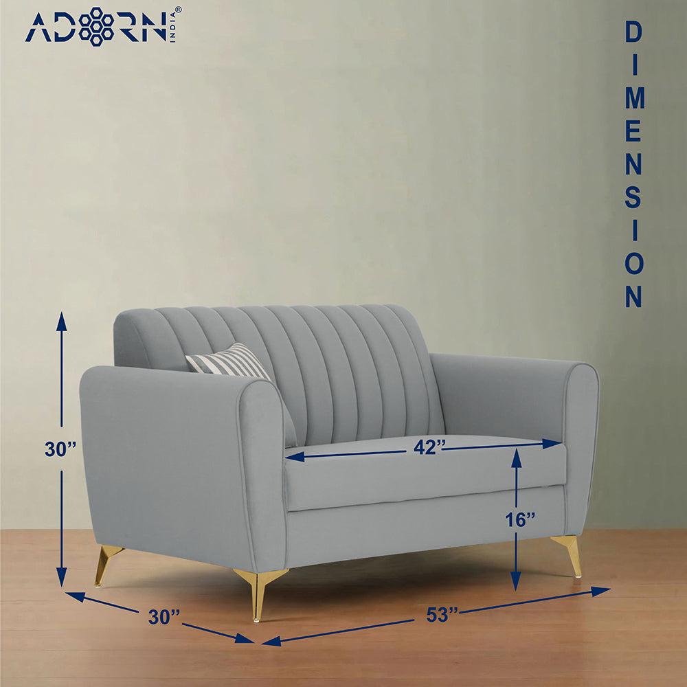 Adorn India Premium Luster 2 Seater | Velvet Suede Fabric | 3-Year Warranty | Color Grey with Golden Legs & Striped Pattern Cushion