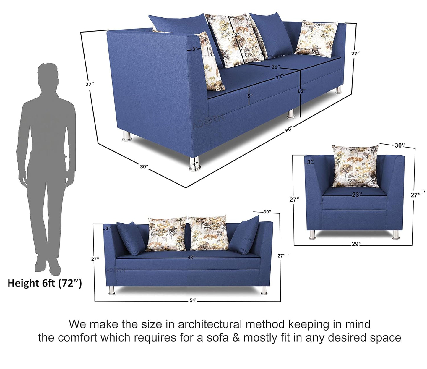Adorn India Alica 3+2+1 Six Seater Sofa Set (Blue)