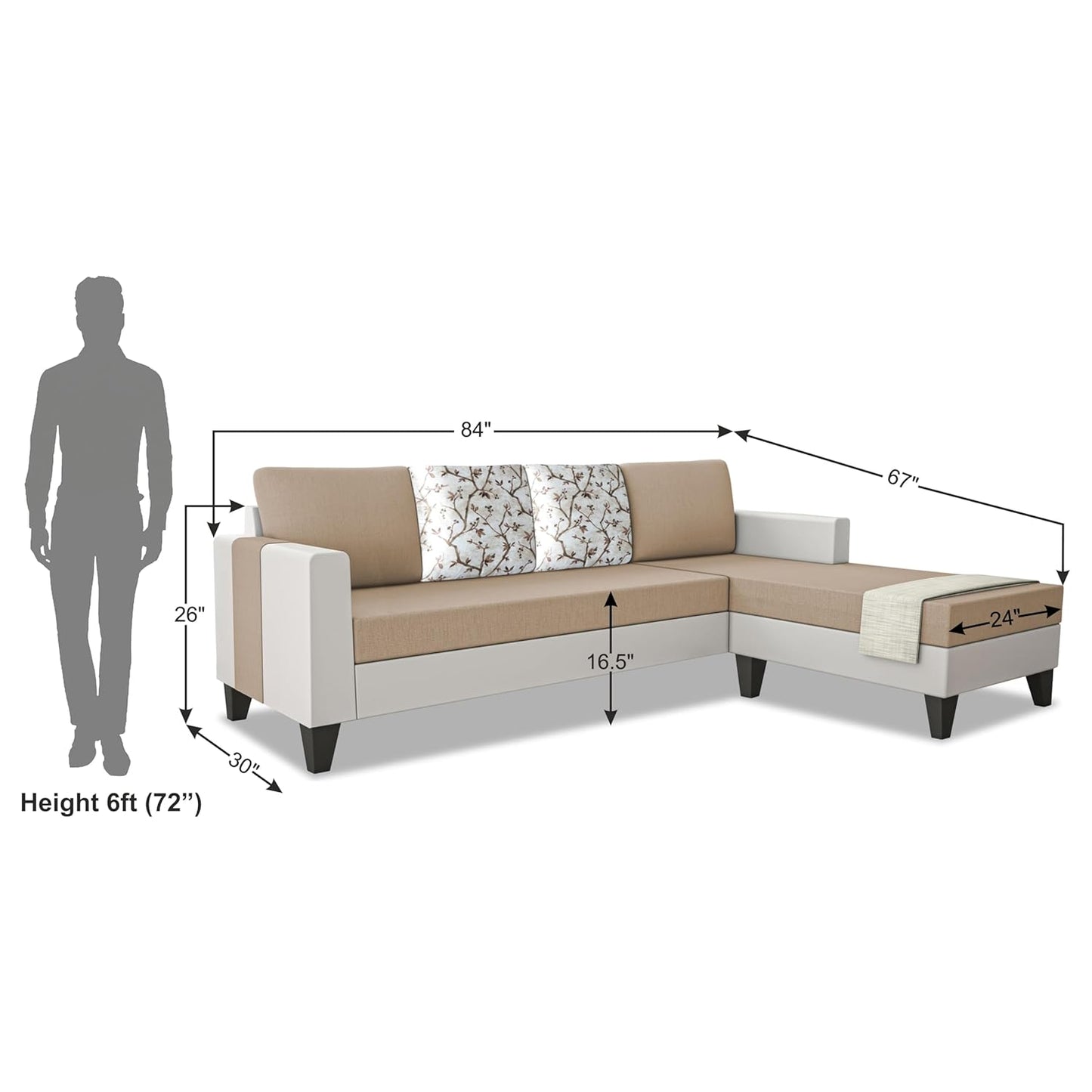 Adorn India Ashley Digital PrintLeatherette Fabric L Shape 5 Seater Sofa Set RHS (Beige & White) (3 Year Warranty)