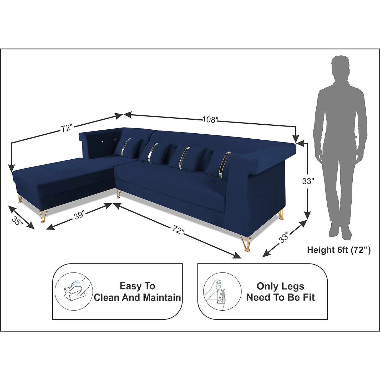 Adorn India Premium Raygan L Shape 6 Seater Sofa Set Left Side (Velvet Fabric Colour Blue)