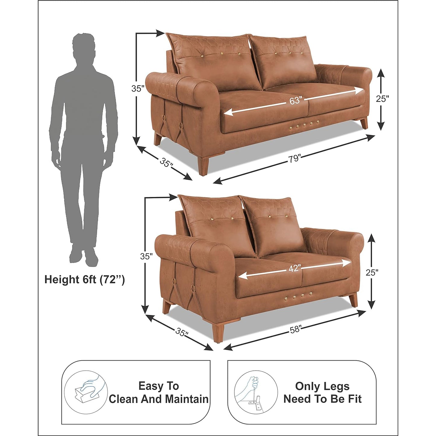 Adorn India Premium Jarvis 3+2 Five Seater Sofa Set (Leatherette Suede Fabric Colour Tan)