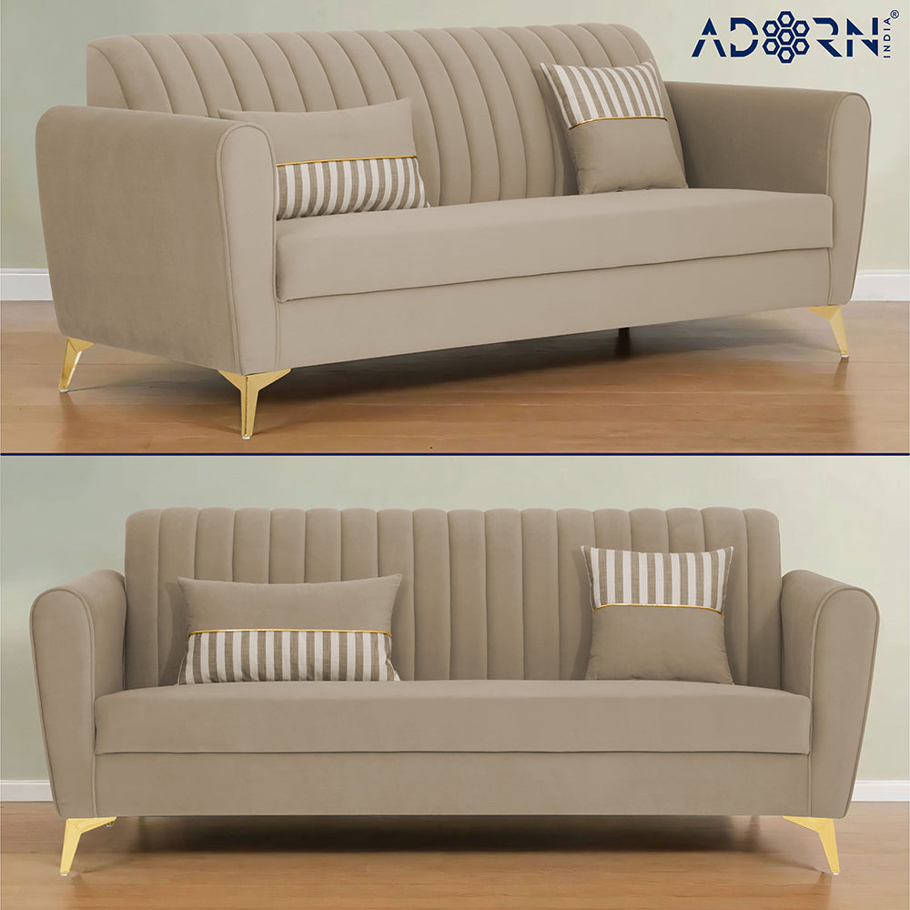 Adorn India Premium Luster 3-2 Sofa Set | Velvet Suede Fabric | 3-Year Warranty | Color Beige with Golden Legs & Striped Pattern Cushion