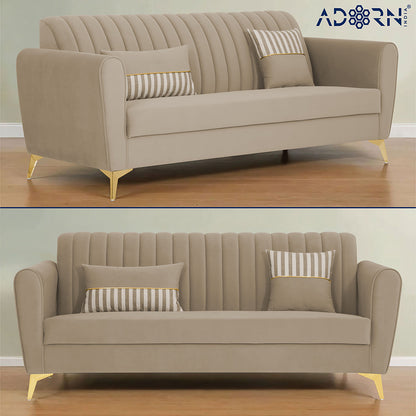 Adorn India Premium Luster 3-2 Sofa Set | Velvet Suede Fabric | 3-Year Warranty | Color Beige with Golden Legs & Striped Pattern Cushion