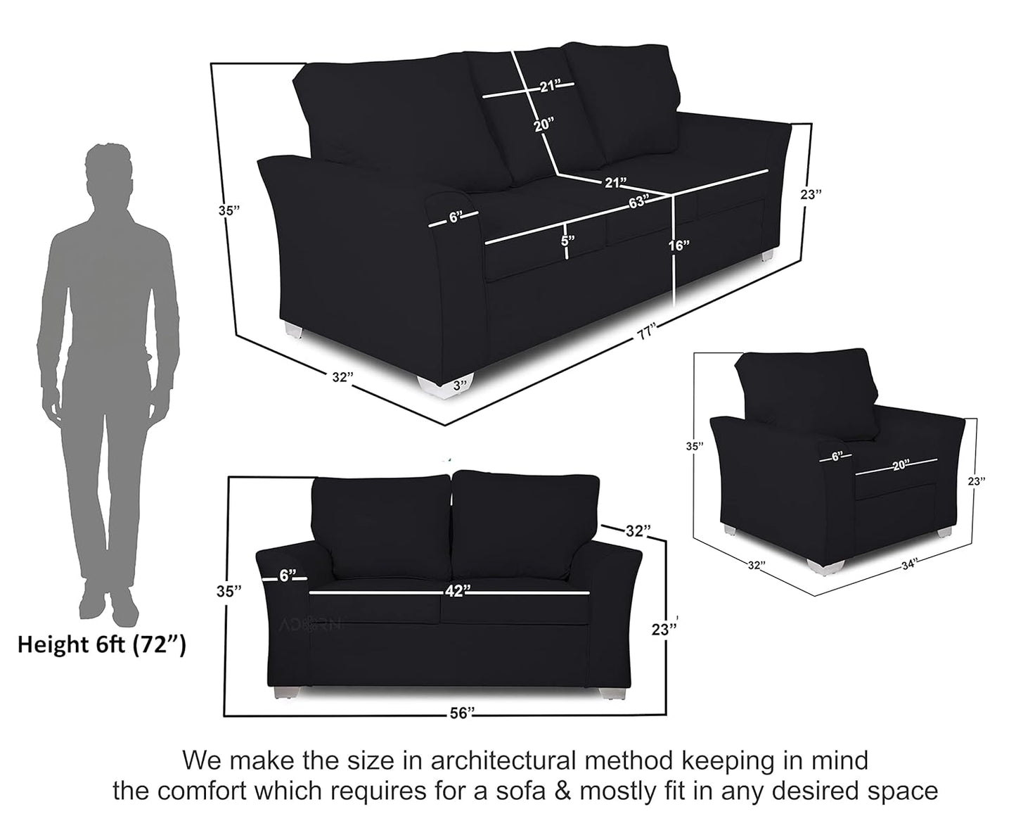 Adorn India Alexia 3+2+1 Six Seater Sofa Set (Black)