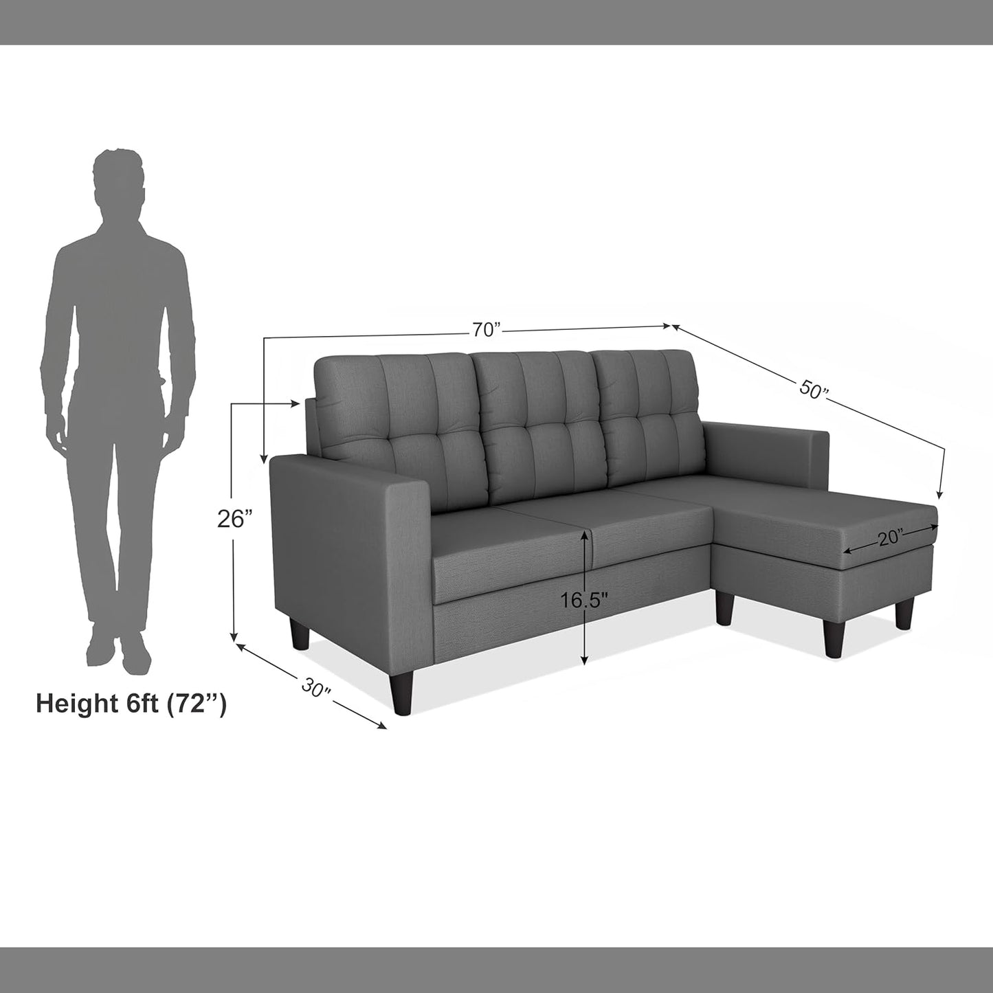 Adorn India Darcy L Shape 4 Seater Sofa Set (Grey) (3 Year Warranty)