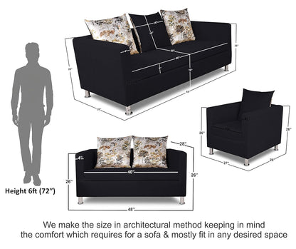 Adorn India Alita 3+2+1 Compact 6 Seater Sofa Set (Black)