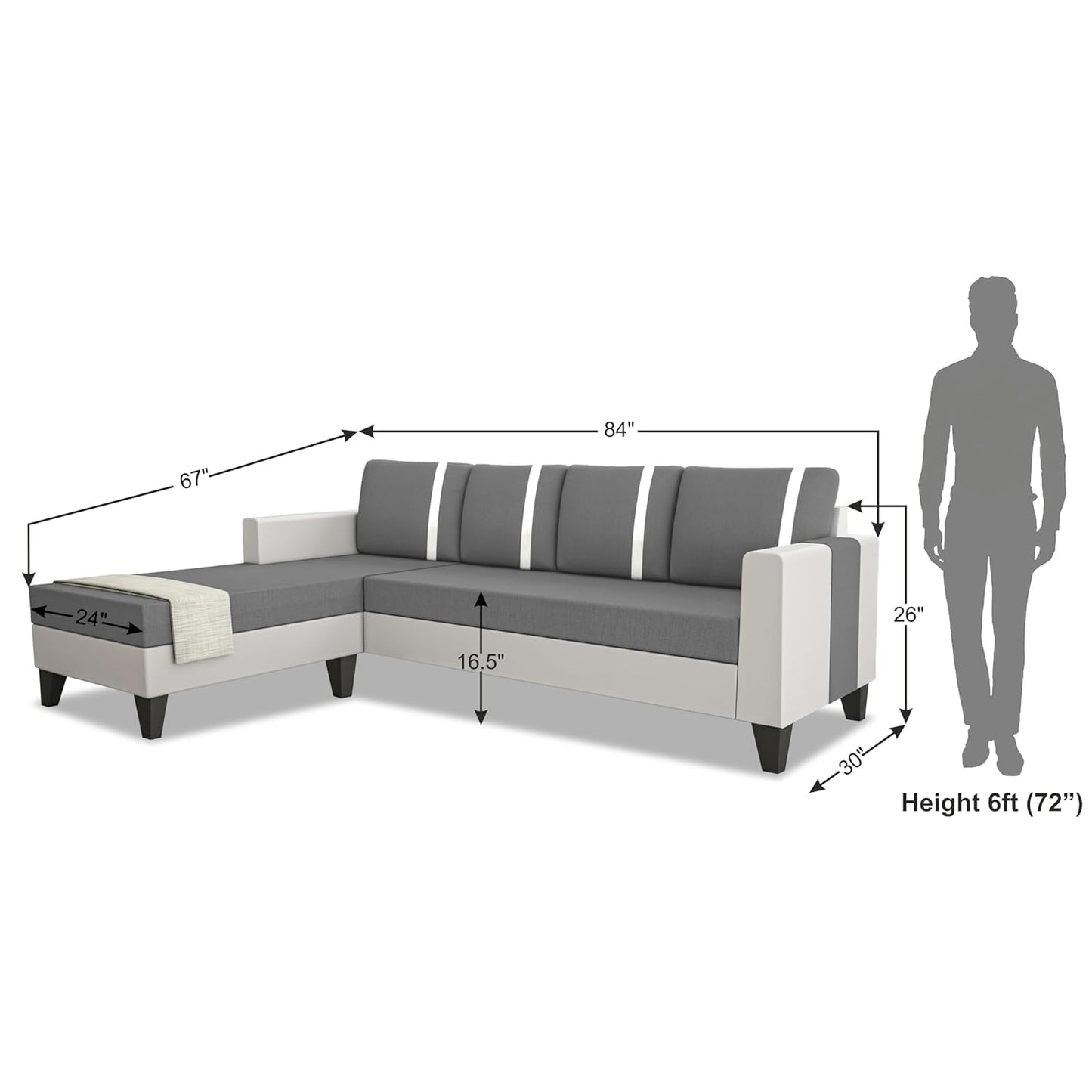 Adorn India Ashley Stripes Leatherette Fabric L Shape 5 Seater Sofa Set LHS (Grey & White) (3 Year Warranty)