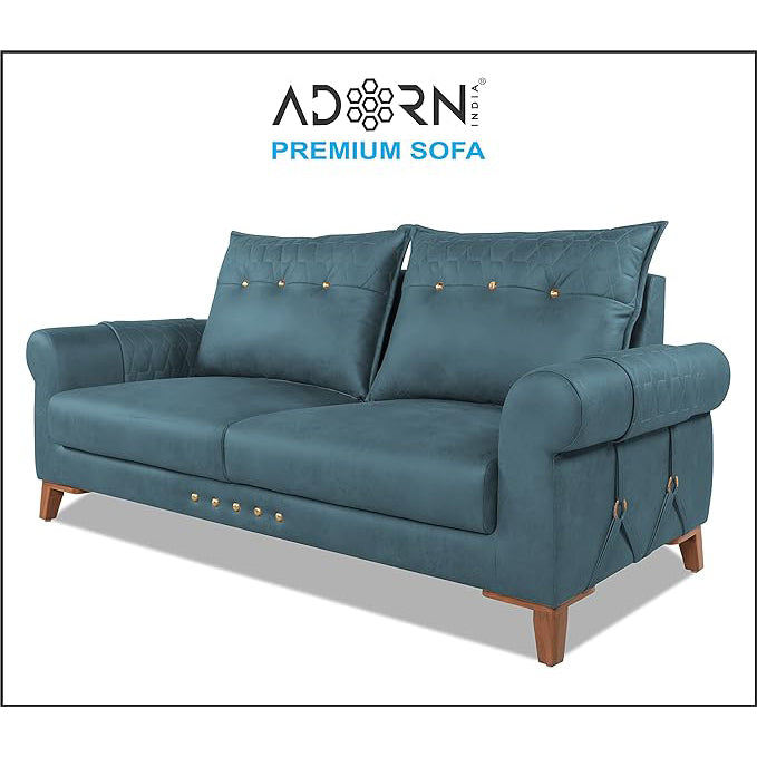 Adorn India Premium Jarvis 3 Seater Sofa (Leatherette Suede Fabric Color Blue)