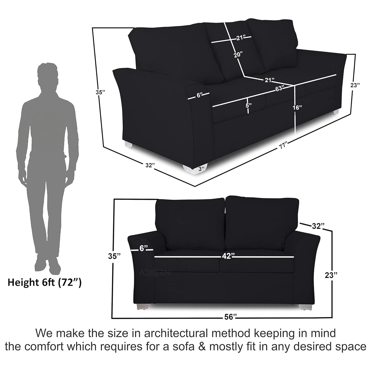 Adorn India Alexia 3+2 Five Seater Sofa Set (Black)