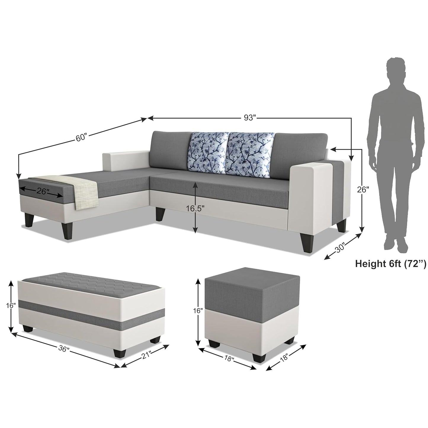 Adorn India Ashley Digitel Print Leatherette Fabric L Shape 8 Seater Sofa Set with 2 Ottoman Puffy & Center Table LHS (Grey & White) (3 Year Warranty)