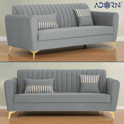 Adorn India Premium Luster 3 Seater | Velvet Suede Fabric | 3-Year Warranty | Color Grey with Golden Legs & Striped Pattern Cushion