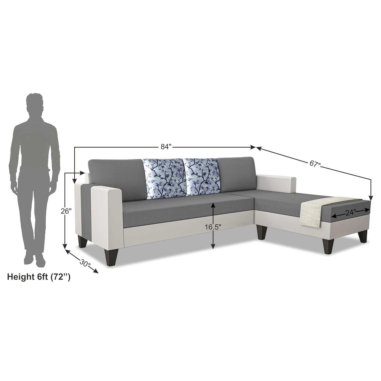 Adorn India Ashley Digital Print Leatherette Fabric L Shape 5 Seater Sofa Set RHS (Grey & White) (3 Year Warranty)