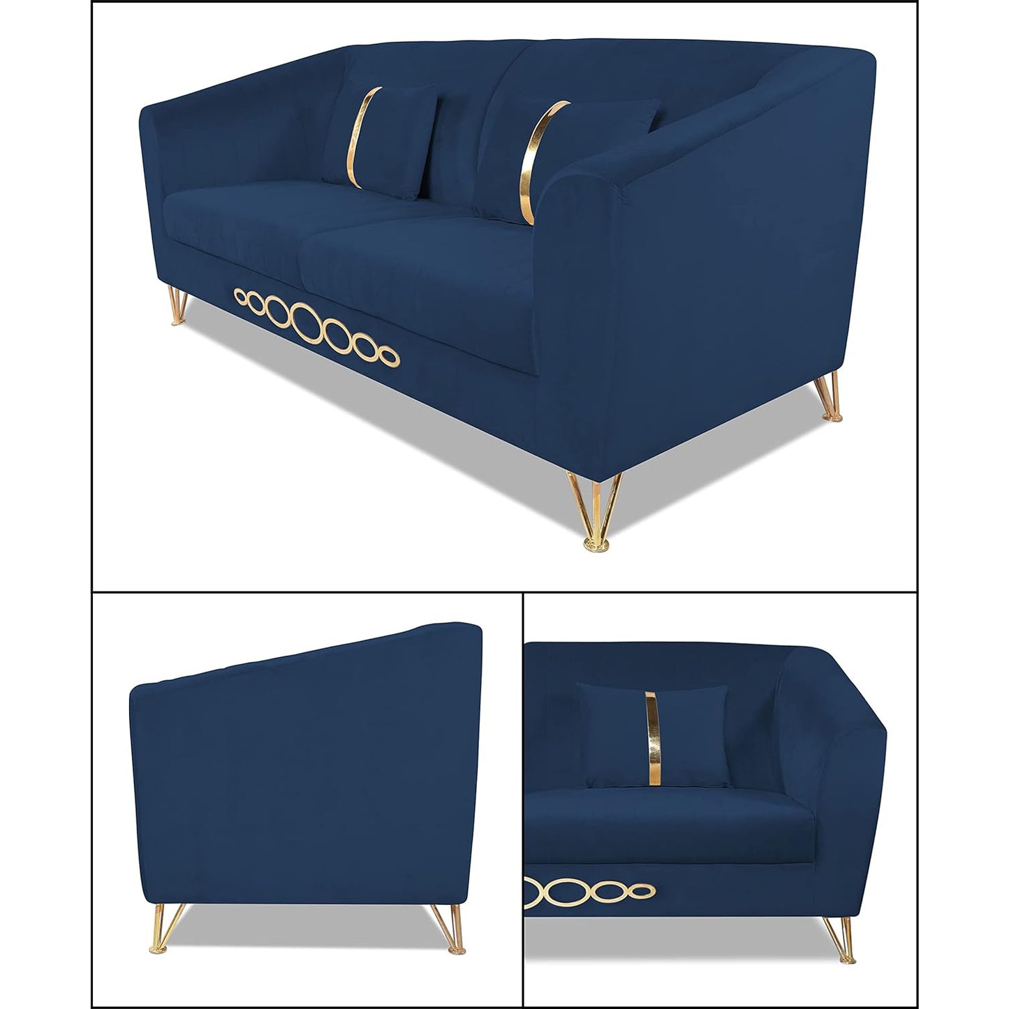 Adorn India Premium Camilla 3 Seater Sofa (Velvet Fabric Colour Blue)