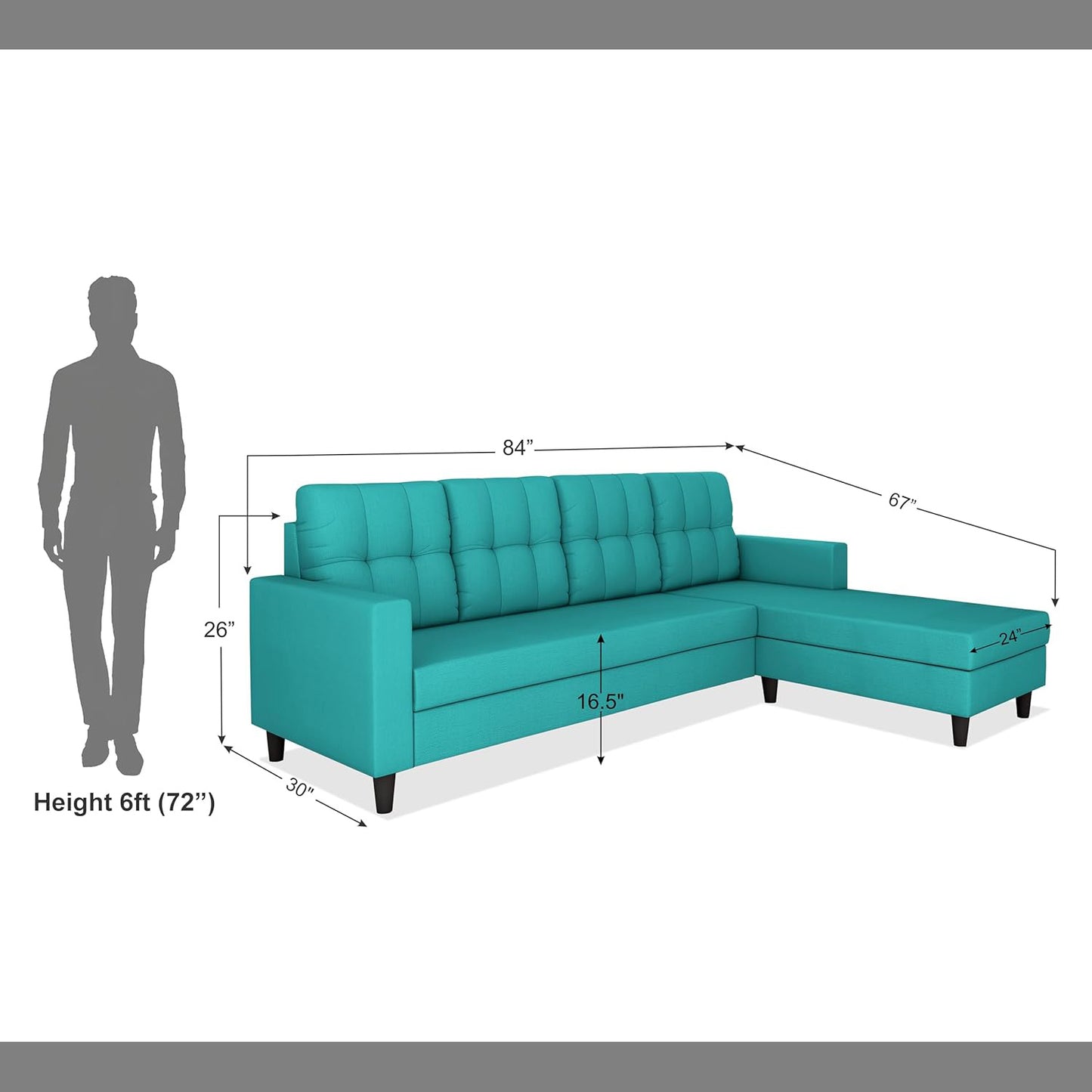 Adorn India Darcy L Shape 5 Seater Sofa Set (RHS) (Aqua Blue) (3 Year Warranty)
