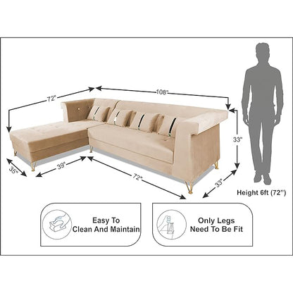 Adorn India Premium Raygan L Shape 6 Seater Sofa Set Left Side (Velvet Fabric Colour Beige)