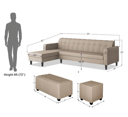 Adorn India Rio Elegant L Shape 8 Seater Sofa Set with Center Table and 2 Ottoman Puffy (LHS) (Beige) (3 Year Warranty)
