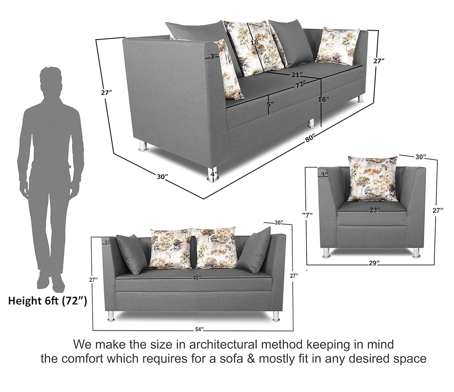 Adorn India Alica 3+2+1 Six Seater Sofa Set (Light Grey)