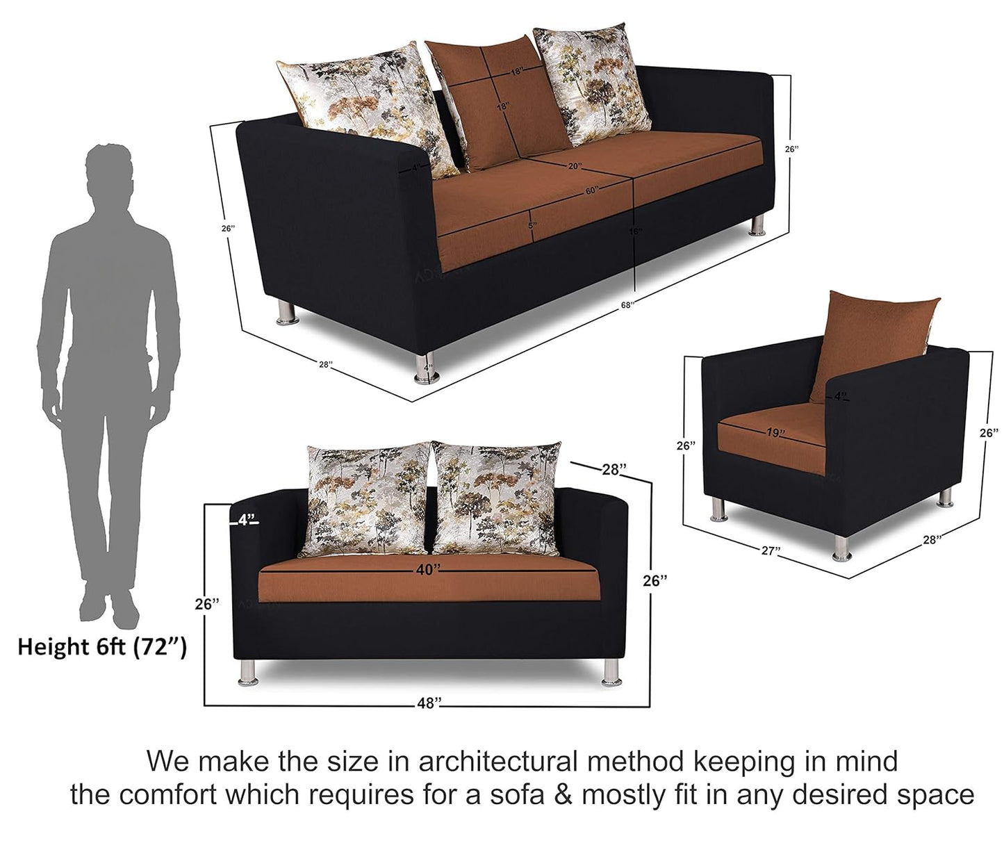 Adorn India Alita 3+2+1 Compact 6 Seater Sofa Set (Rust & Black)