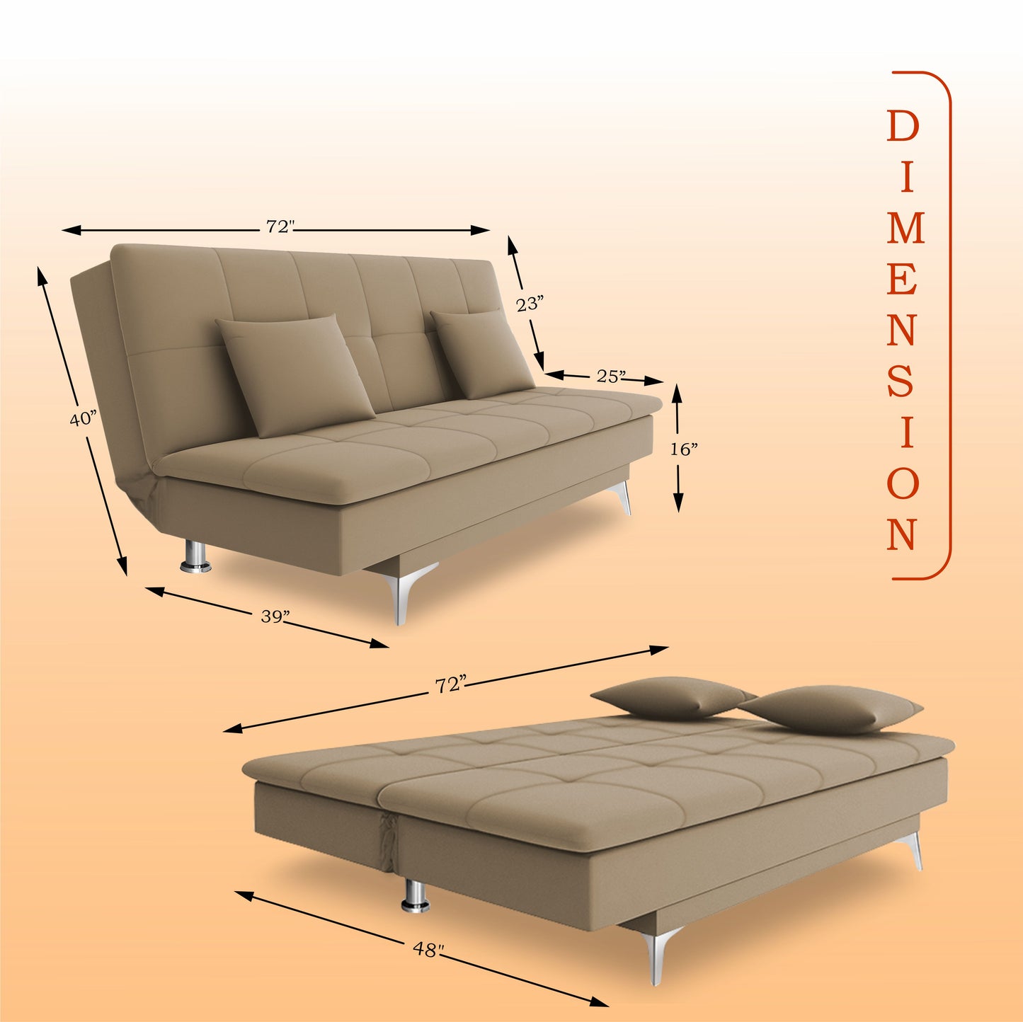 Adorn India Premium New Aspen 3 Seater Sofa Cum Bed 4X6 Velvet Suede with 2 Cushions (Color Camel) and Suitable for All Indoor, with 3 Years Warranty