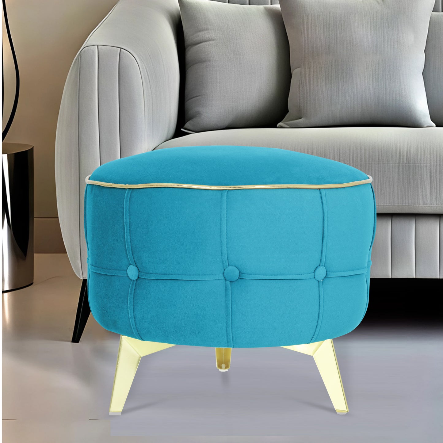 Adorn India Macolm Round 1 Seater Ottoman Pouffe Tufted Pattern with Velvet Suede Fabric (Aqua Blue)