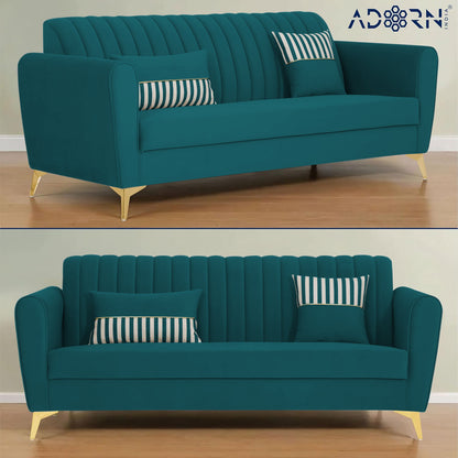 Adorn India Premium Luster 3 Seater | Velvet Suede Fabric | 3-Year Warranty | Color Ocean Blue with Golden Legs & Striped Pattern Cushion