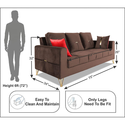 Adorn India Premium Morgan 3 Seater Sofa (Velvet Fabric Colour Brown)