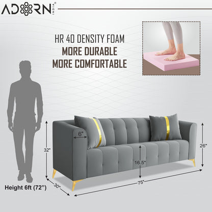 Adorn India Premium Mystic - 3 Years Warranty - 3 Seater Sofa Velvet Suede Fabric - Grey