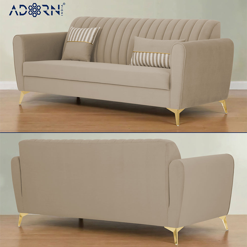 Adorn India Premium Luster 3 Seater | Velvet Suede Fabric | 3-Year Warranty | Color Beige with Golden Legs & Striped Pattern Cushion