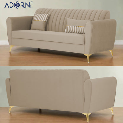 Adorn India Premium Luster 3 Seater | Velvet Suede Fabric | 3-Year Warranty | Color Beige with Golden Legs & Striped Pattern Cushion