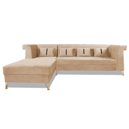 Adorn India Premium Raygan L Shape 6 Seater Sofa Set Left Side (Velvet Fabric Colour Beige)