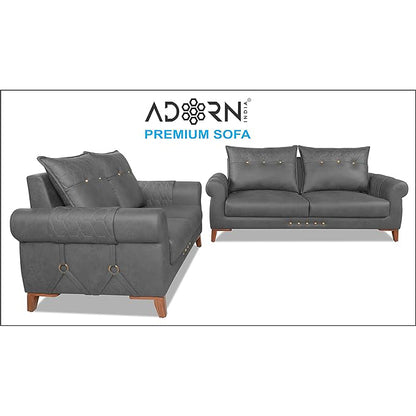 Adorn India Premium Jarvis 3+2 Five Seater Sofa Set (Leatherette Suede Fabric Colour Grey)