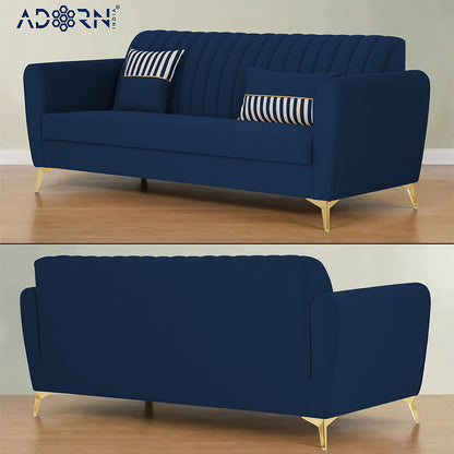 Adorn India Premium Luster 3-2-1 Sofa Set | Velvet Suede Fabric | 3-Year Warranty | Color Blue with Golden Legs & Striped Pattern Cushion