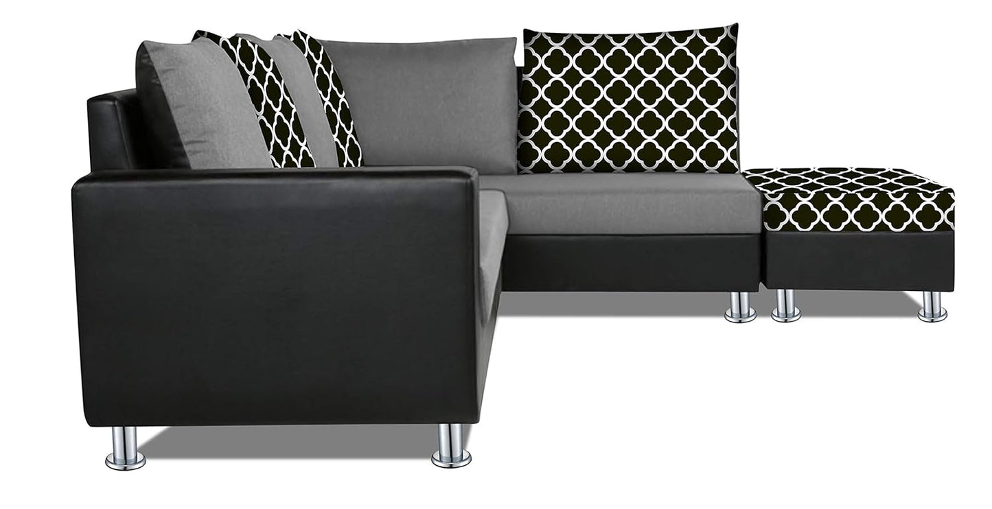 Adorn India (3 Years Warranty Atlanta 6 Seater Leatherette & Fabric Corner Sofa Right Hand Side with Ottoman (Grey & Black)